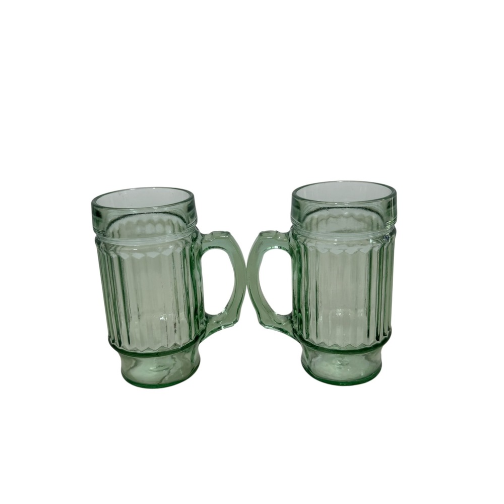 Vintage Anchor Hocking Line Lites Green Glass Mugs Paneled Heavy Duty Set of 2